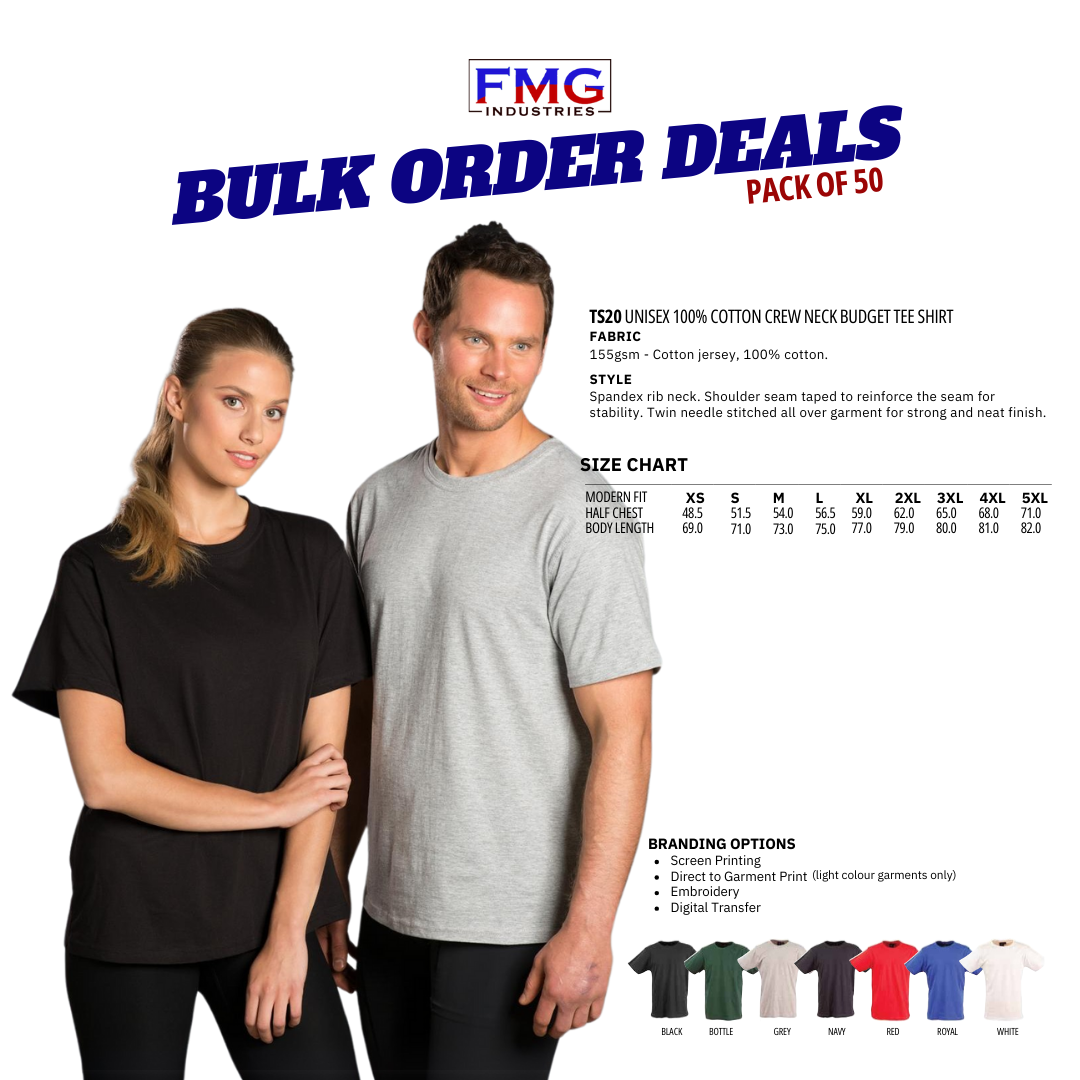 Budget tees bulk order pack of 50