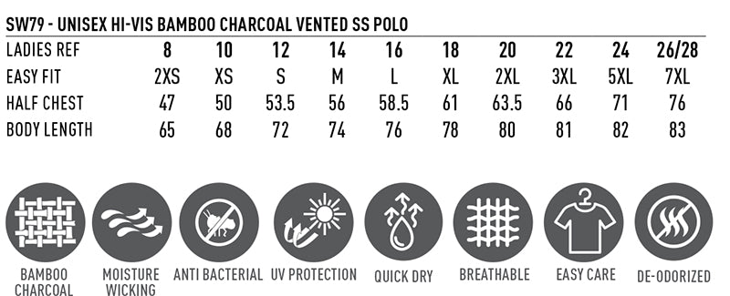 SW79 - Unisex Hi-Vis Bamboo Charcoal Vented S/S Polo